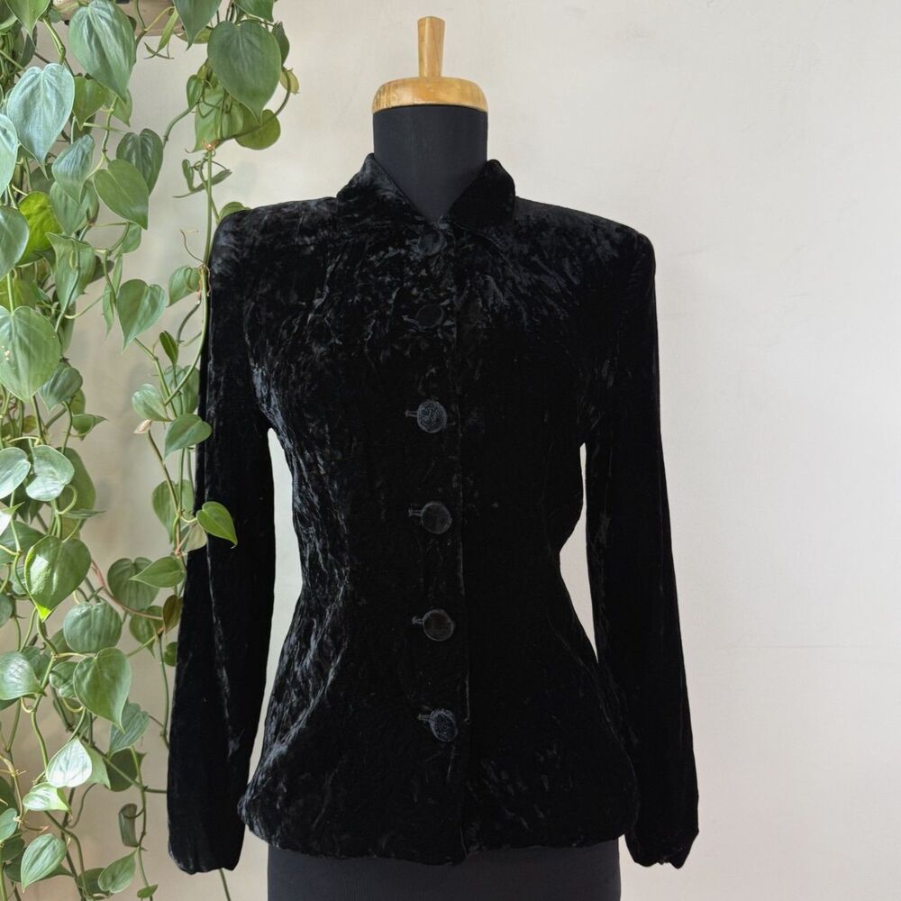 Vintage 90s Talbots Black Crushed Velvet Blazer | Gothic Dark Academia Romantic